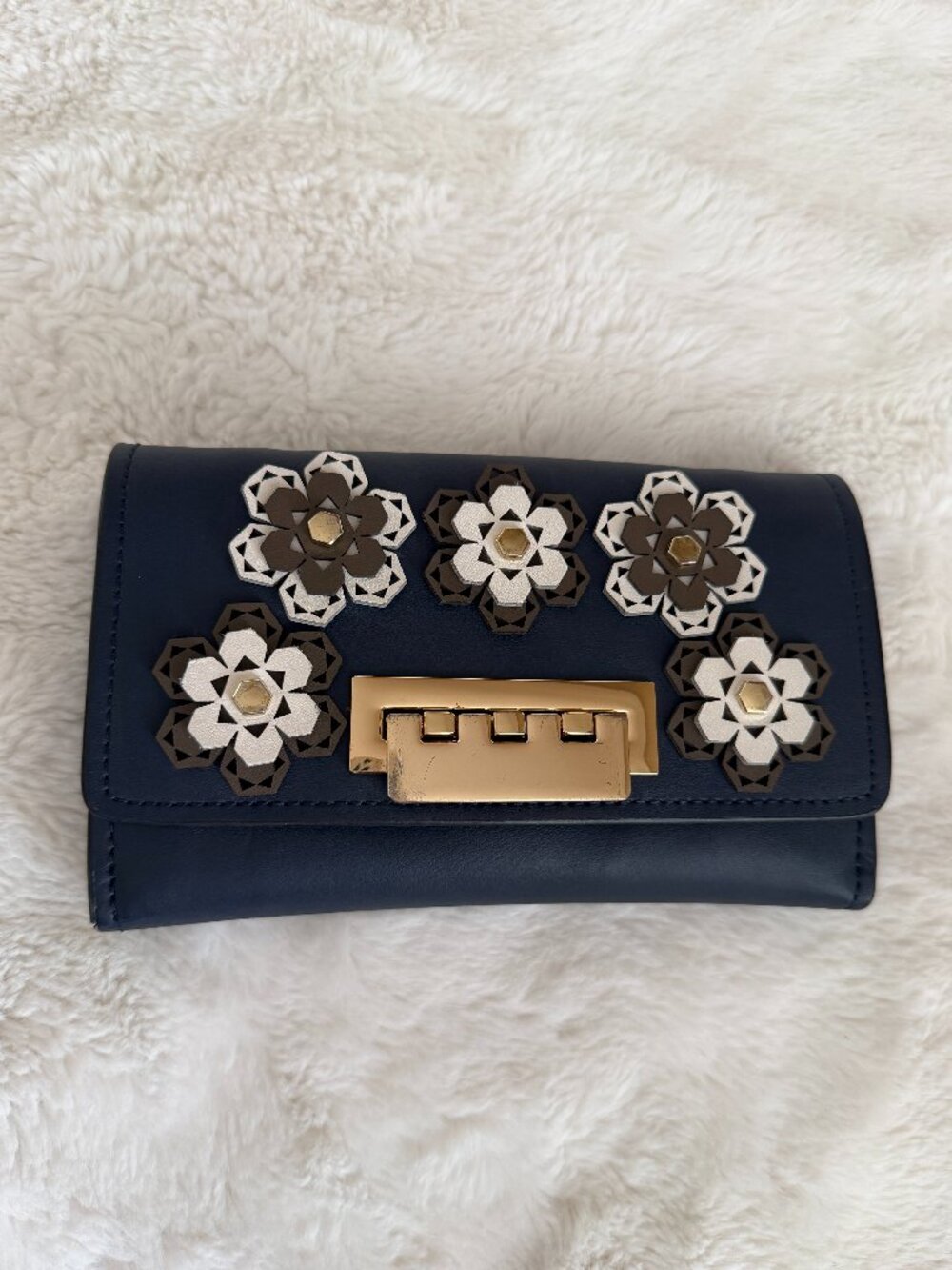 ZAC Zac Posen Earthette Floral Applique Navy Blue Leather Crossbody Bag